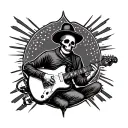 Draw two complementary tattoos in the American traditional style. On of a rock n’ roll Skelton playing a Fender telecast tattoo design idea