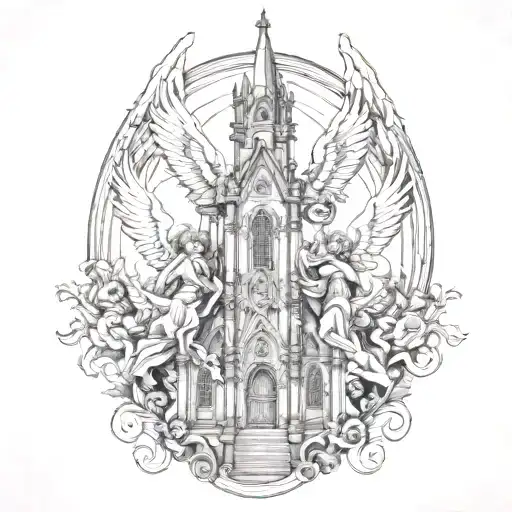 cathedral scene with cherub angels tattoo design idea