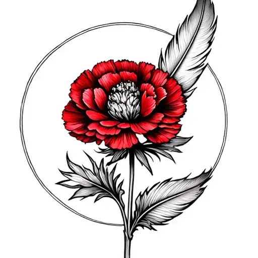 A Feather bending round the stem of a red carnation flower tattoo design idea