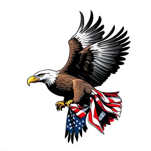 Flying Bald Eagle wearing an American Flag bandana and clutching a black case. tattoo design idea