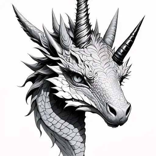 half unicorn face half baby dragon face tattoo design idea