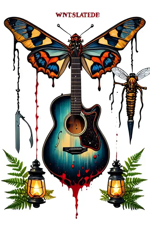  the window  from Tlou with a guitar , moth , lantern , switchblade with blood , firefly logo , fern, cordyceps tattoo design idea