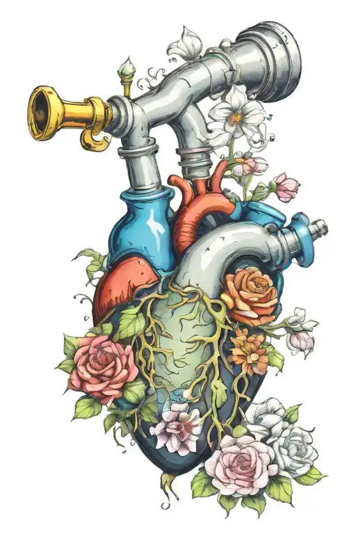 anatomical heart shaped gas can pouring gas on flowers tattoo design idea