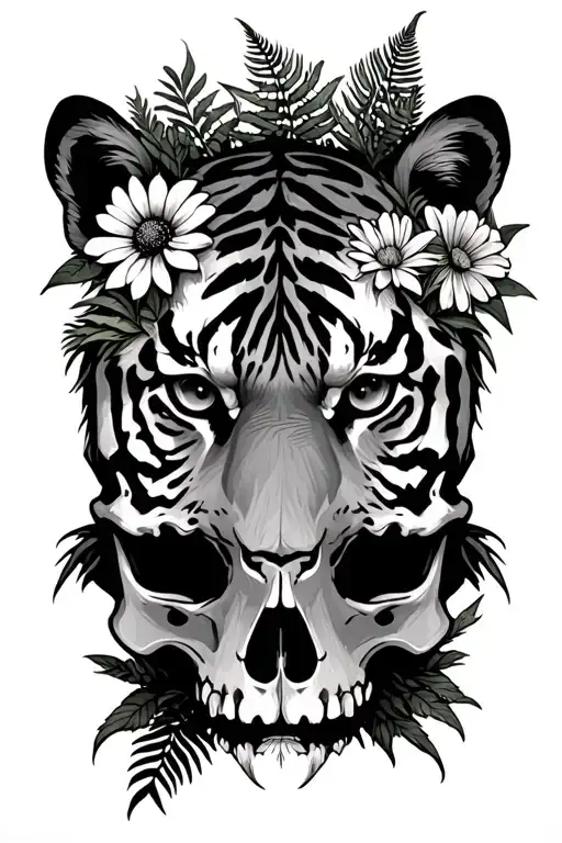 tiger looking back in wild flowers and ferns sprouting from a skull tattoo design idea