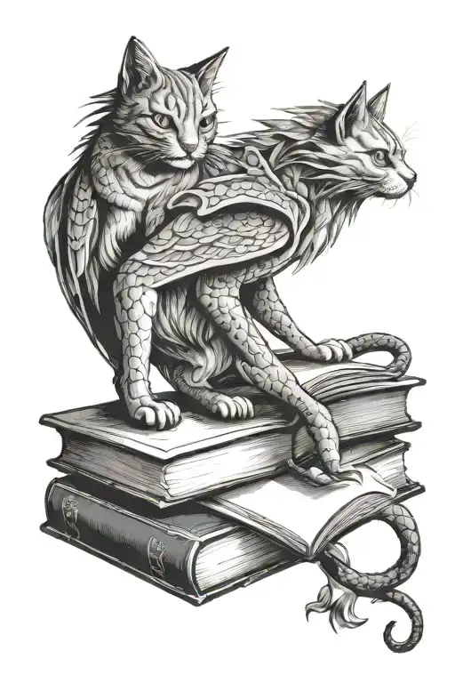 cats on books with a dragon flying tattoo design idea