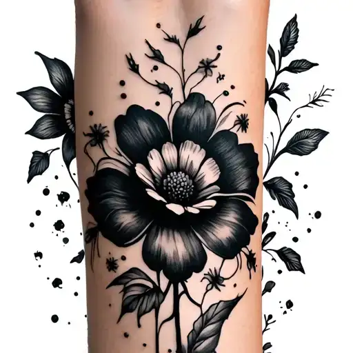 A full forearm shaded black with tiny flower shapes peeking through  tattoo design idea
