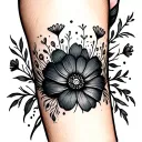 A full forearm shaded black with tiny flower shapes peeking through  tattoo design idea
