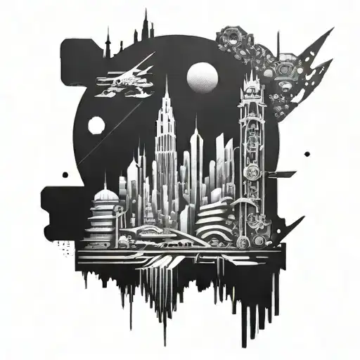 A futuristic cityscape with gaming references hidden in the architecture tattoo design idea