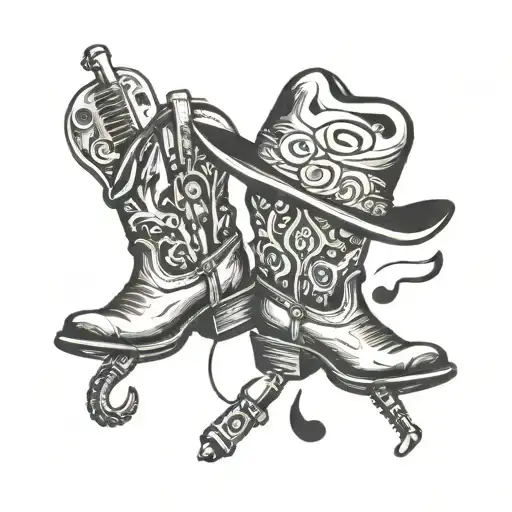 cowboy boots and hat microphone music notes guitar mountains tattoo design idea