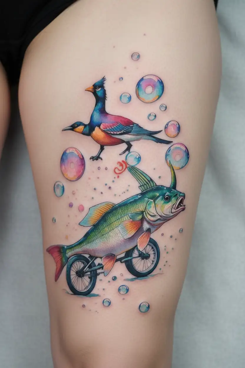 donut, bubbles, triceratops, loon, cardinal, bass, crappie, bike tattoo design idea