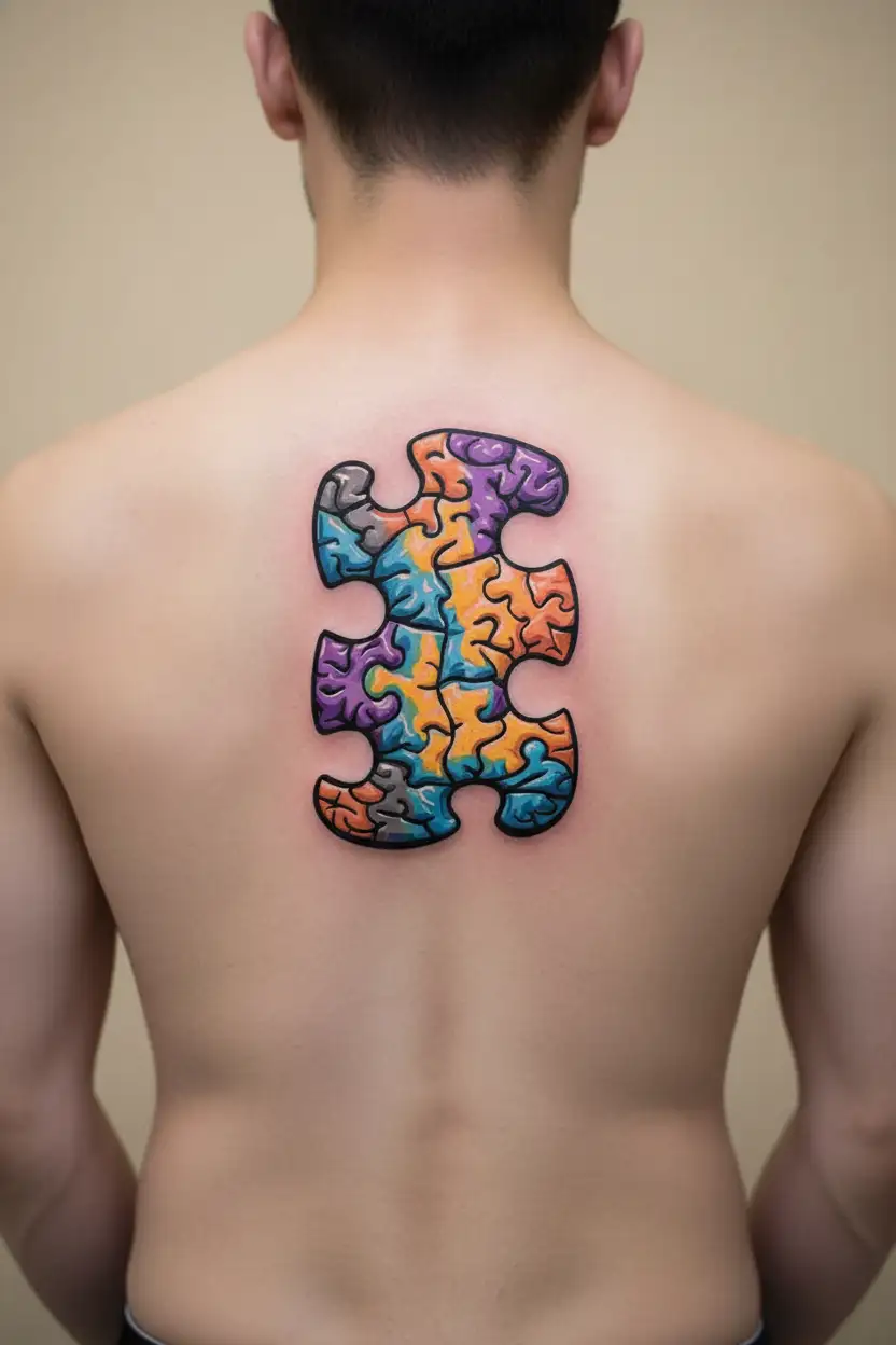 autism puzzle piece and brain with blue purple shading tattoo design idea
