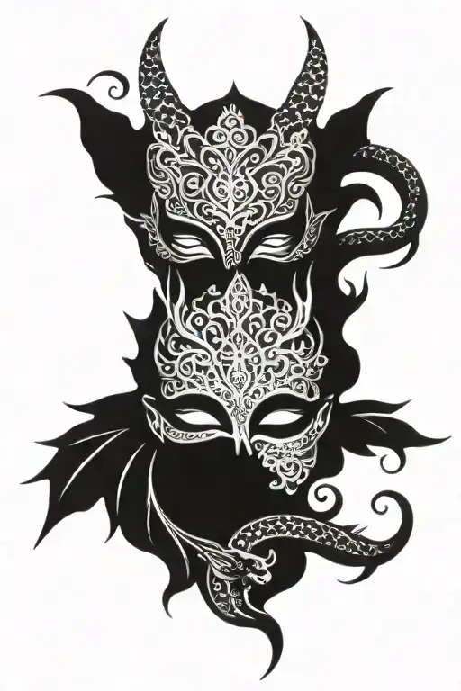 henna mask split in half with dragon in middle tattoo design idea