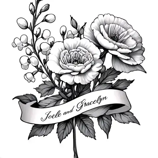 "Joelle and Gracelyn " carnation flower, Lilly of the valley and Hawthorne with their names on ribbons  tattoo design idea