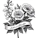 "Joelle and Gracelyn " carnation flower, Lilly of the valley and Hawthorne with their names on ribbons  tattoo design idea