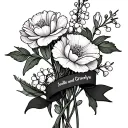 "Joelle and Gracelyn " carnation flower, Lilly of the valley and Hawthorne with their names on ribbons  tattoo design idea