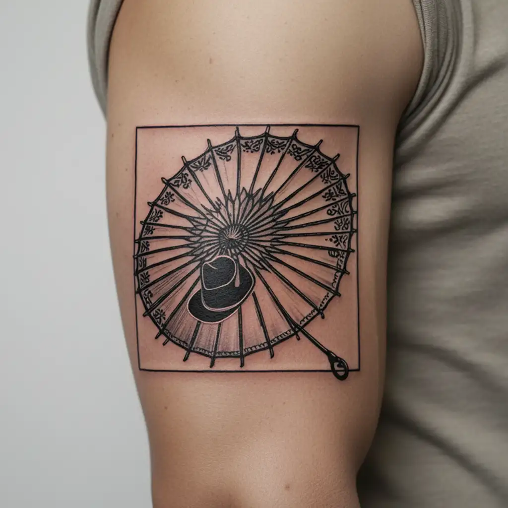 A stylized parasol with a stitched cowboy hat brim and Buddhist embroidery, black ink, Western sacred symbol design tattoo design idea