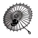 A stylized parasol with a stitched cowboy hat brim and Buddhist embroidery, black ink, Western sacred symbol design tattoo design idea