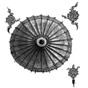 A stylized parasol with a stitched cowboy hat brim and Buddhist embroidery, black ink, Western sacred symbol design tattoo design idea