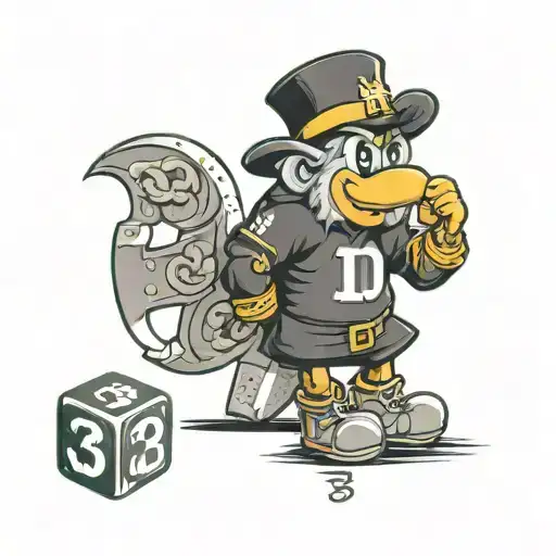 Notre Dame mascot with Irish clothes, number 13 on shirt, clovers inside his eyes, #5 dice, #2 dice, a HORSESHOE tattoo design idea