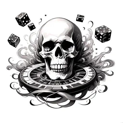 A surreal tattoo design featuring a skull surrounded by swirling smoke and floating dice, with a subtle nod to gambling elements like poker chips and roulette wheels tattoo design idea