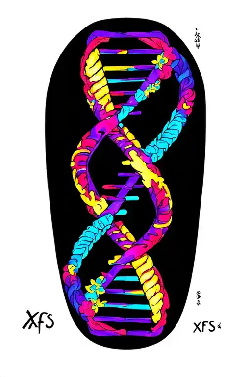 dna, chromosome x, x fragile syndrome, abstract design that include the letters XFS, some budhist symbology, colorfull tattoo design idea