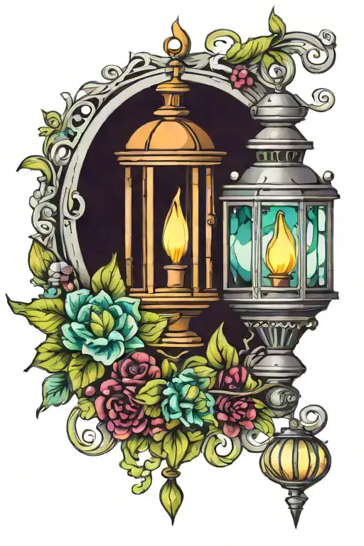 lantern with peridot and alexandrite gemstones tattoo design idea