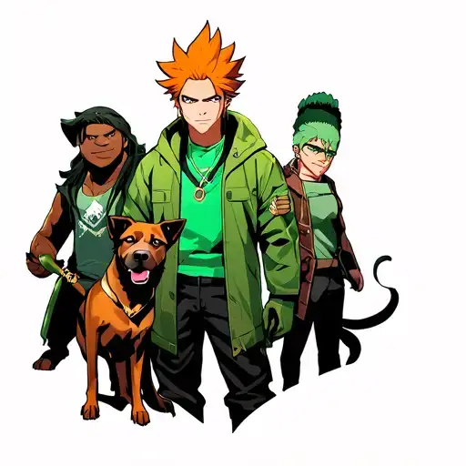 Tengan from demon slayer, bakugo from my hero, choso from Jjk, zoro from one piece, and then anya with her dog from spy  tattoo design idea