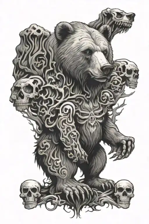 bear standing tall and skulls tattoo design idea