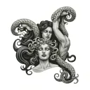 sirens with medusa holding the head tattoo design idea