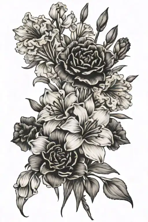 bouquet of Carnation and snowdrop Violet and iris Gladiolus and poppyChrysanthemum  tattoo design idea