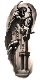 demons trapped in a cathedral realism tattoo design idea