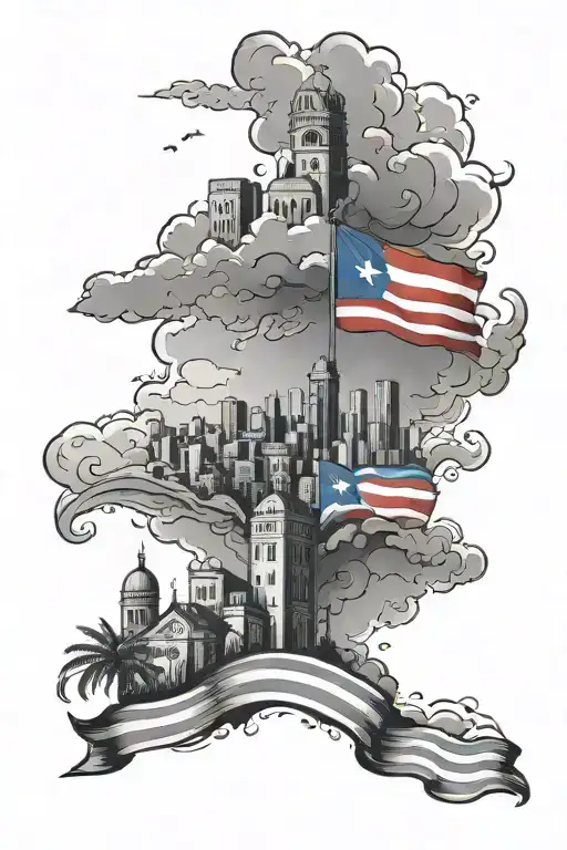 City with clouds in the back with puerto rican flag tattoo design idea