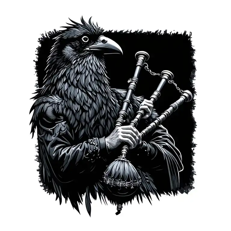  crow muscular with mans face bagpiper playing black bagpipes baldblack beard tattoo design idea