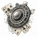 A roulette wheel with the ball landing on the client's lucky number, surrounded by a deck of cards and poker chips tattoo design idea