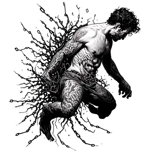 man grows from the earth breaking chains and bared wires that coming out of his skin  tattoo design idea