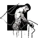 man grows from the earth breaking chains and bared wires that coming out of his skin  tattoo design idea