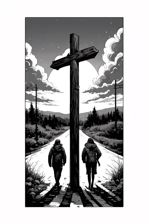 crossroads between two people walking tattoo design idea