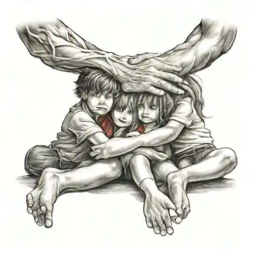 3 siblings sitting and hold hand tattoo design idea