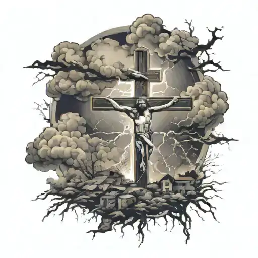 Thundering storm clouds with lightning, Jesus on the cross in the center, surrounded by a devastated, abandoned battlefield tattoo design idea