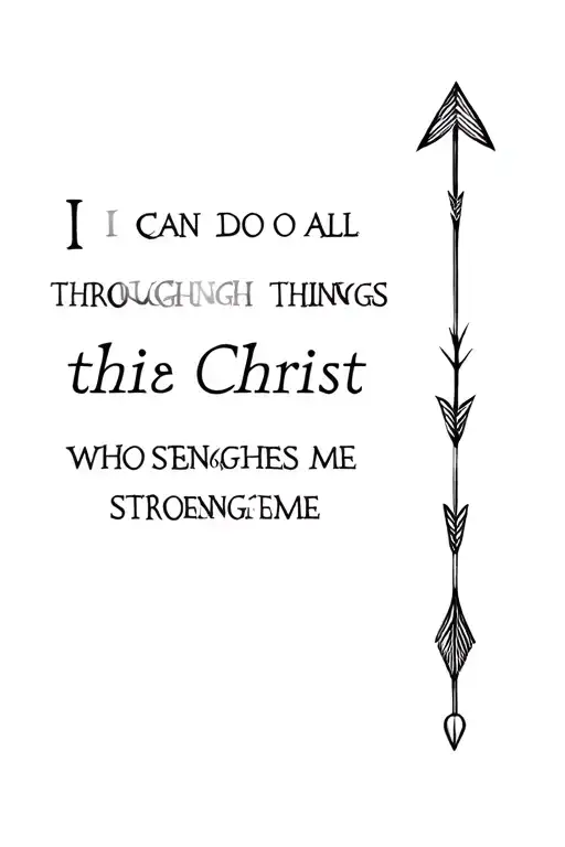 " I can do all things through Christ who strengthens me" on right forearm, with an arrow underneath it tattoo design idea