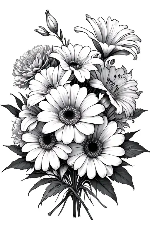 gerbera, lily and carnation bouquet tattoo design idea