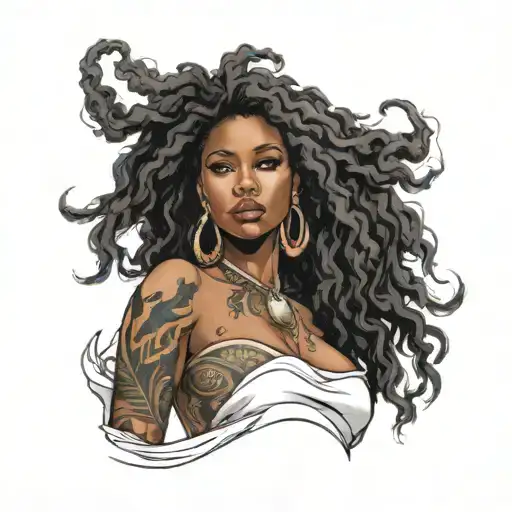sexy Jamaican black girl, big boobs, seductive, siren, ocean, Afro centric, asian, broad nose, full body, siren eyes  tattoo design idea