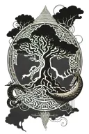 yggdrasil tree sorrounded by Jörmungandr eating his own tail like Uroborus with aztec motifs and style tattoo design idea
