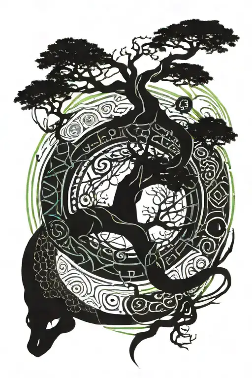 yggdrasil tree sorrounded by Jörmungandr eating his own tail like Uroborus with aztec motifs and style tattoo design idea