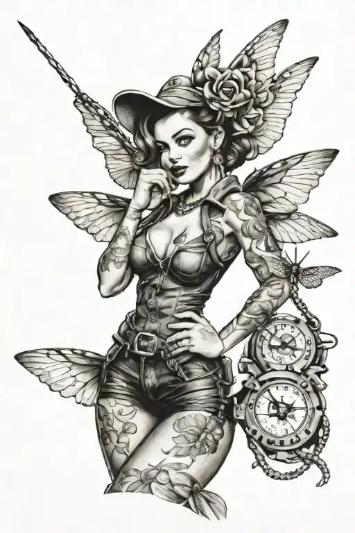 sexy rosie the rivetter pinup girl with anchor tattoo and dragonfly wings tattoo design idea