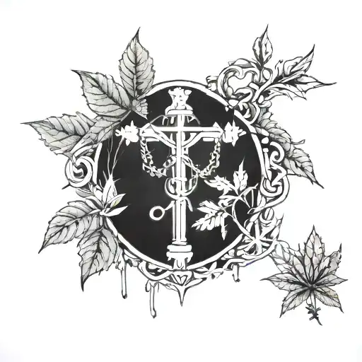 A marijuana leaf intertwined with religious symbols such as crosses or praying hands tattoo design idea