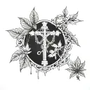 A marijuana leaf intertwined with religious symbols such as crosses or praying hands tattoo design idea