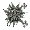 A marijuana leaf intertwined with religious symbols such as crosses or praying hands tattoo design idea