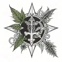 A marijuana leaf intertwined with religious symbols such as crosses or praying hands tattoo design idea