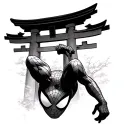 spiderman outline hanging upside down on a Japanese Torii Gate but he is hanging from the middle of the gate tattoo design idea